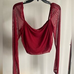 Princess Polly Burgundy Mesh Sleeve Square Neck Blouse